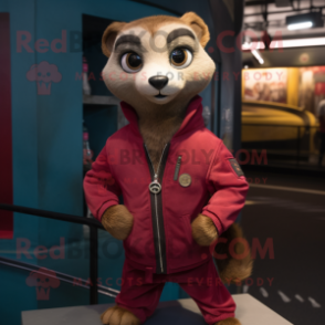 Maroon Meerkat mascot costume character dressed with a Bomber Jacket and Foot pads