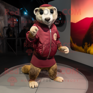 Maroon Meerkat mascot costume character dressed with a Bomber Jacket and Foot pads