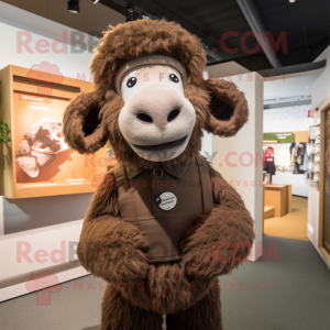 Brown Merino Sheep mascot costume character dressed with a V-Neck Tee and Cummerbunds