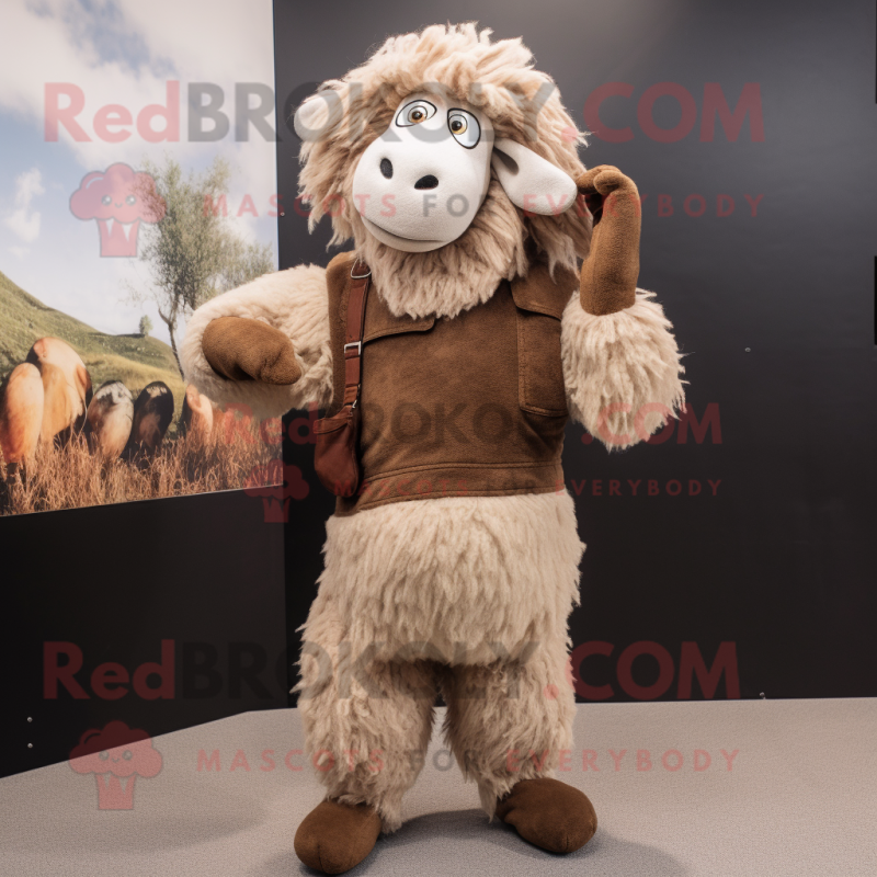 Brown Merino Sheep mascot costume character dressed with a V-Neck Tee and Cummerbunds