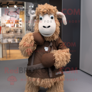 Brown Merino Sheep mascot costume character dressed with a V-Neck Tee and Cummerbunds