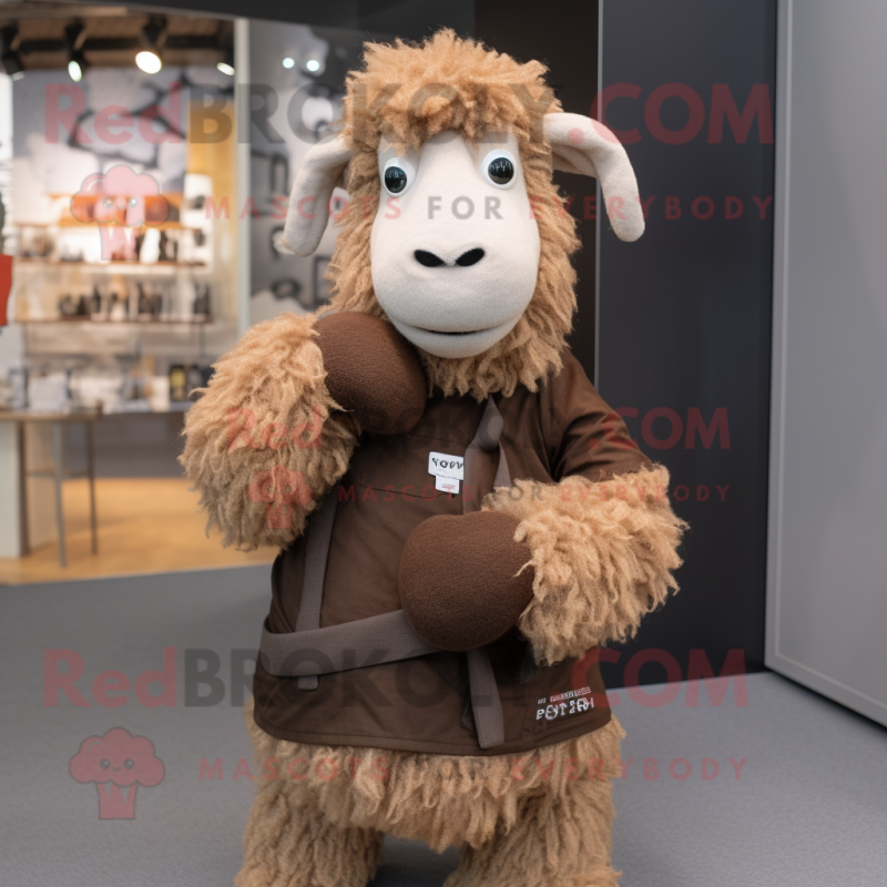 Brown Merino Sheep mascot costume character dressed with a V-Neck Tee and Cummerbunds