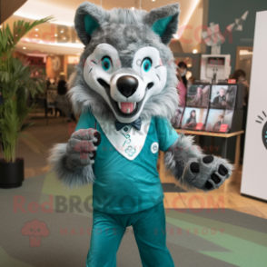 Teal Say Wolf mascot costume character dressed with a Leggings and Tie pins