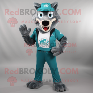 Teal Say Wolf mascot costume character dressed with a Leggings and Tie pins