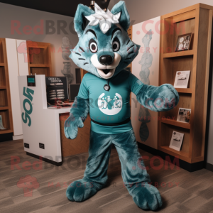 Teal Say Wolf mascot costume character dressed with a Leggings and Tie pins
