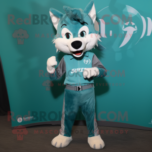 Teal Say Wolf mascot costume character dressed with a Leggings and Tie pins