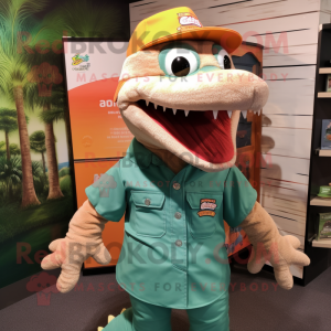 Peach Crocodile mascot costume character dressed with a Button-Up Shirt and Hats