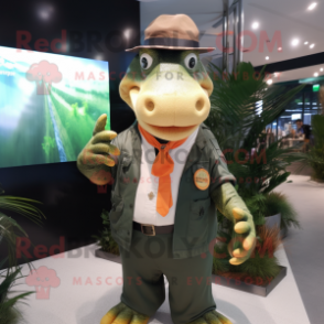 Peach Crocodile mascot costume character dressed with a Button-Up Shirt and Hats