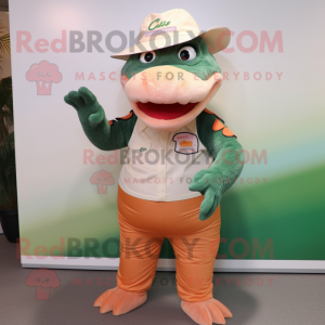 Peach Crocodile mascot costume character dressed with a Button-Up Shirt and Hats