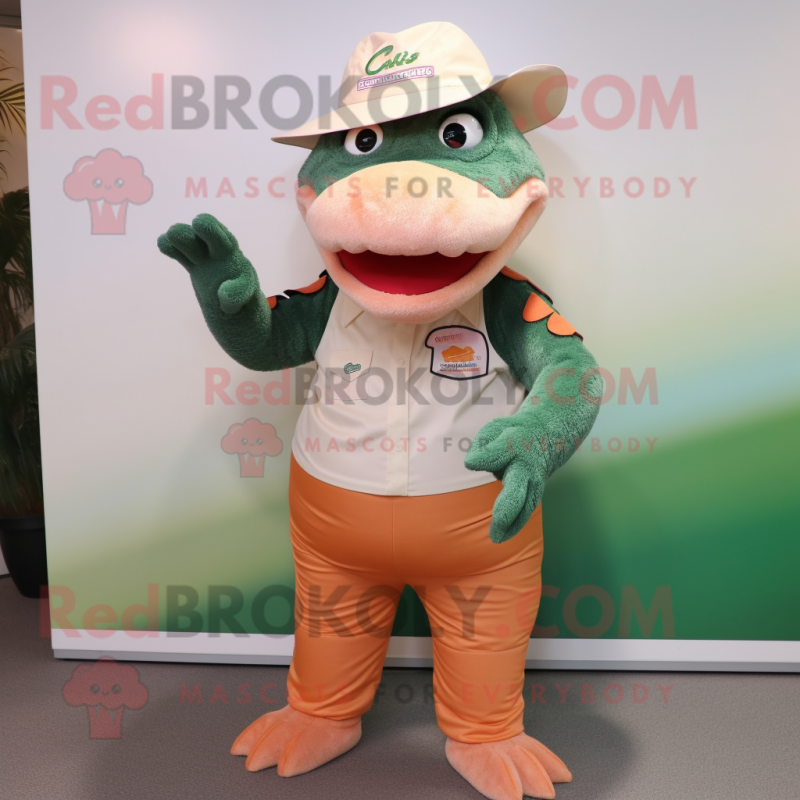 Peach Crocodile mascot costume character dressed with a Button-Up Shirt and Hats