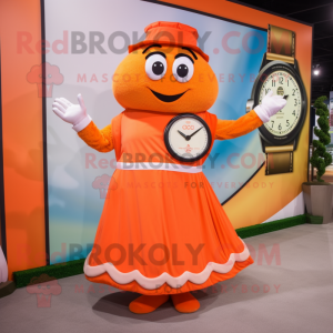 Orange Wrist Watch mascot costume character dressed with a A-Line Skirt and Wraps