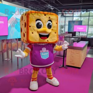 Magenta Grilled Cheese Sandwich mascot costume character dressed with a Button-Up Shirt and Headbands