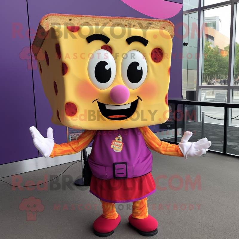 Magenta Grilled Cheese Sandwich mascot costume character dressed with a Button-Up Shirt and Headbands