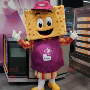 Magenta Grilled Cheese Sandwich mascot costume character dressed with a Button-Up Shirt and Headbands