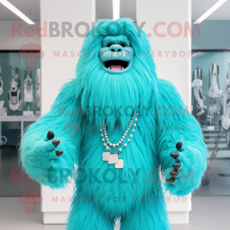Cyan Sasquatch mascot costume character dressed with a Suit and Necklaces Cyan Sasquatch mascot costume character dressed with a Suit and Necklaces