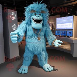 Cyan Sasquatch mascot costume character dressed with a Suit and Necklaces