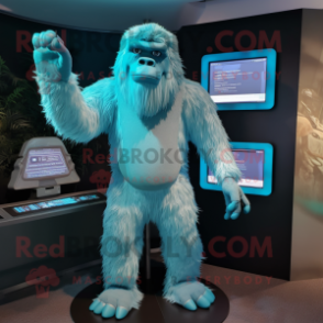 Cyan Sasquatch mascot costume character dressed with a Suit and Necklaces