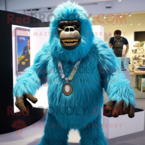 Cyan Sasquatch mascot costume character dressed with a Suit and Necklaces