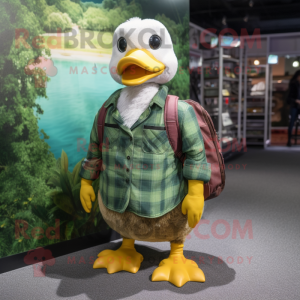 Green Muscovy Duck mascot costume character dressed with a Flannel Shirt and Messenger bags