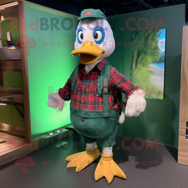 Green Muscovy Duck mascot costume character dressed with a Flannel Shirt and Messenger bags