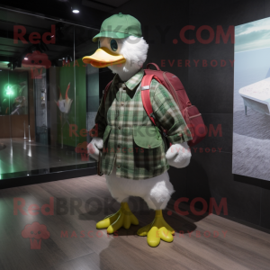 Green Muscovy Duck mascot costume character dressed with a Flannel Shirt and Messenger bags