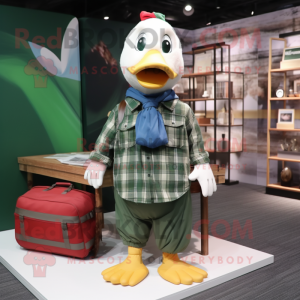 Green Muscovy Duck mascot costume character dressed with a Flannel Shirt and Messenger bags