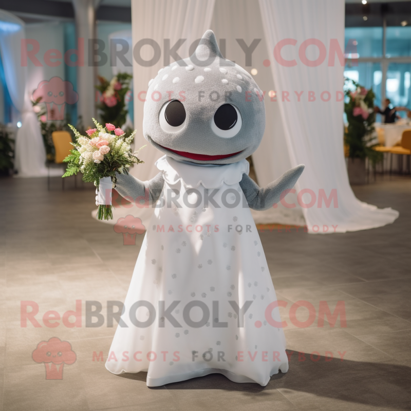 Gray Stingray mascot costume character dressed with a Wedding Dress and Headbands