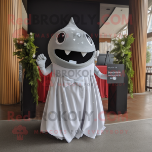 Gray Stingray mascot costume character dressed with a Wedding Dress and Headbands