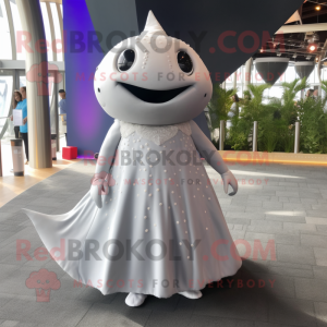 Gray Stingray mascot costume character dressed with a Wedding Dress and Headbands