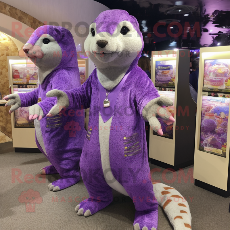 Lavender Mongoose mascot costume character dressed with a Jumpsuit and Coin purses