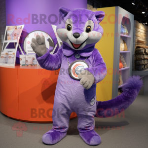 Lavender Mongoose mascot costume character dressed with a Jumpsuit and Coin purses