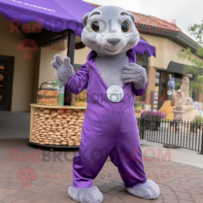 Lavender Mongoose mascot costume character dressed with a Jumpsuit and Coin purses