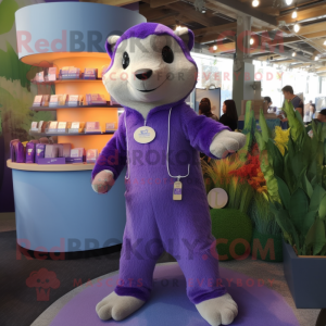 Lavender Mongoose mascot costume character dressed with a Jumpsuit and Coin purses