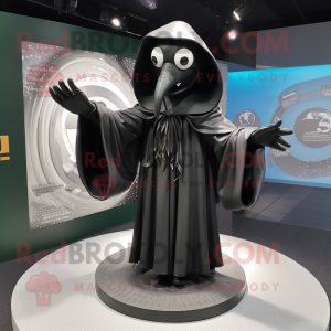 Black Plate Spinner mascot costume character dressed with a Raincoat and Scarves