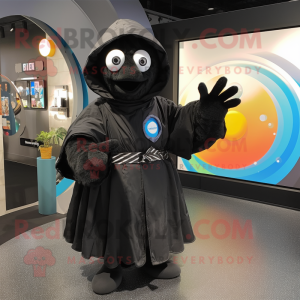 Black Plate Spinner mascot costume character dressed with a Raincoat and Scarves
