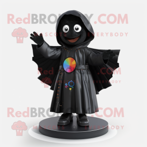 Black Plate Spinner mascot costume character dressed with a Raincoat and Scarves