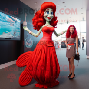 Red Mermaid mascot costume character dressed with a Maxi Dress and Watches