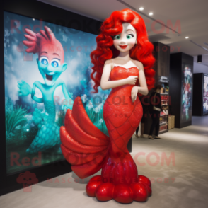 Red Mermaid mascot costume character dressed with a Maxi Dress and Watches