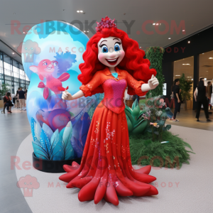 Red Mermaid mascot costume character dressed with a Maxi Dress and Watches