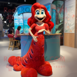 Red Mermaid mascot costume character dressed with a Maxi Dress and Watches