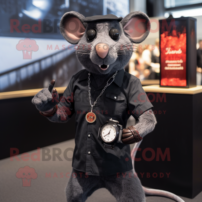 Black Rat mascot costume character dressed with a Henley Tee and Bracelet watches