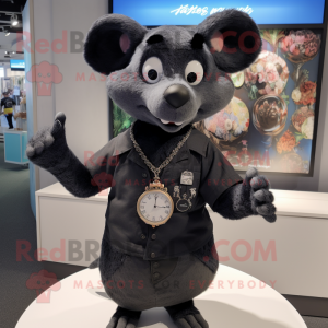 Black Rat mascot costume character dressed with a Henley Tee and Bracelet watches