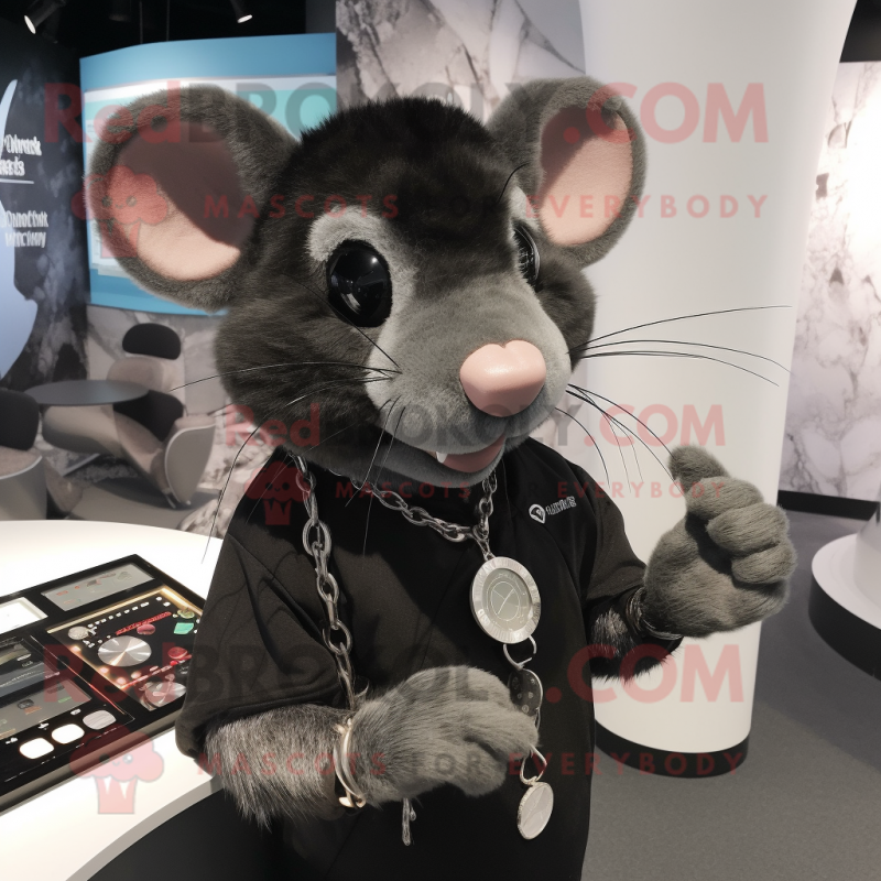 Black Rat mascot costume character dressed with a Henley Tee and Bracelet watches Black Rat mascot costume character dressed with a Henley Tee and Bracelet watches