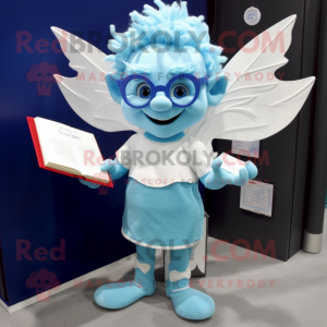 Sky Blue Tooth Fairy mascot costume character dressed with a Henley Tee and Reading glasses