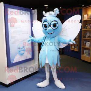 Sky Blue Tooth Fairy mascot costume character dressed with a Henley Tee and Reading glasses