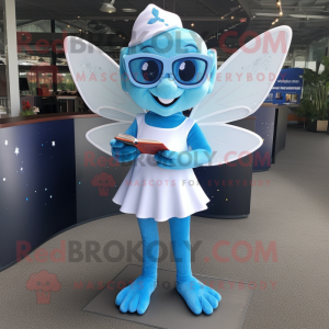 Sky Blue Tooth Fairy mascot costume character dressed with a Henley Tee and Reading glasses