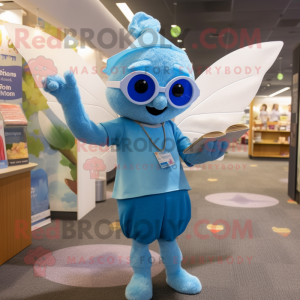 Sky Blue Tooth Fairy mascot costume character dressed with a Henley Tee and Reading glasses