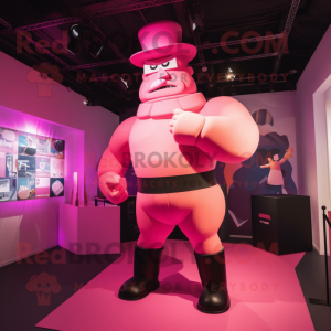Pink Strongman mascot costume character dressed with a Bodysuit and Hat pins
