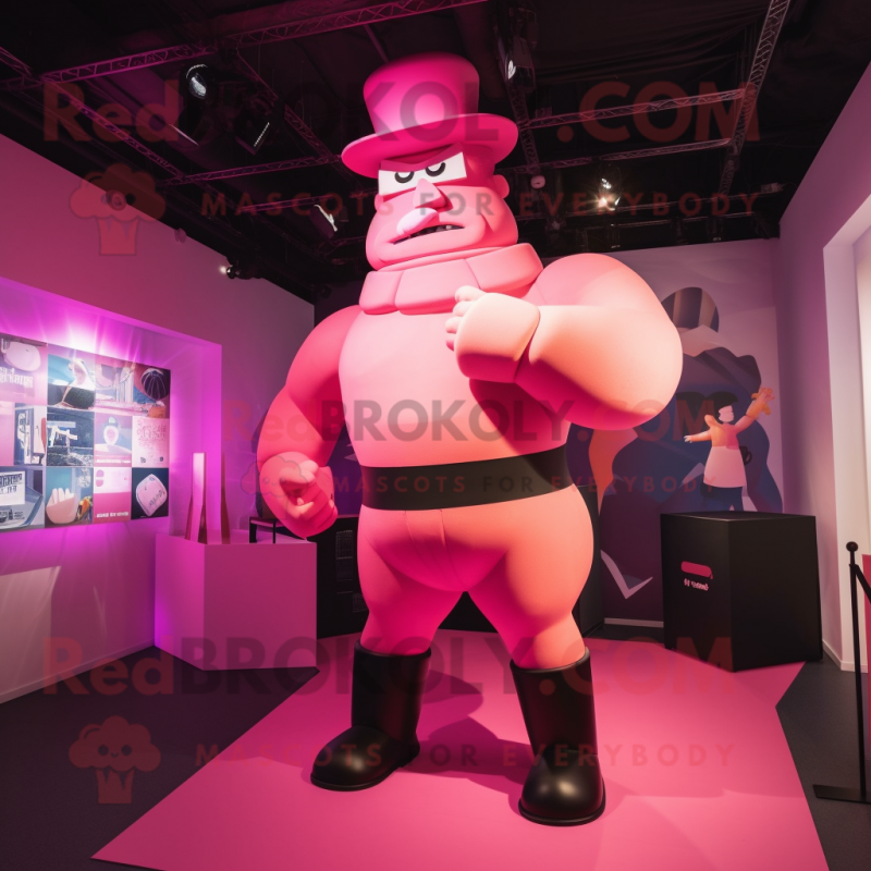 Pink Strongman mascot costume character dressed with a Bodysuit and Hat pins
