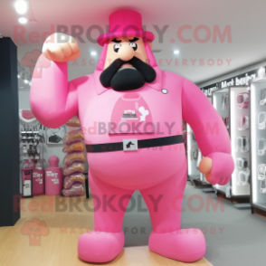 Pink Strongman mascot costume character dressed with a Bodysuit and Hat pins